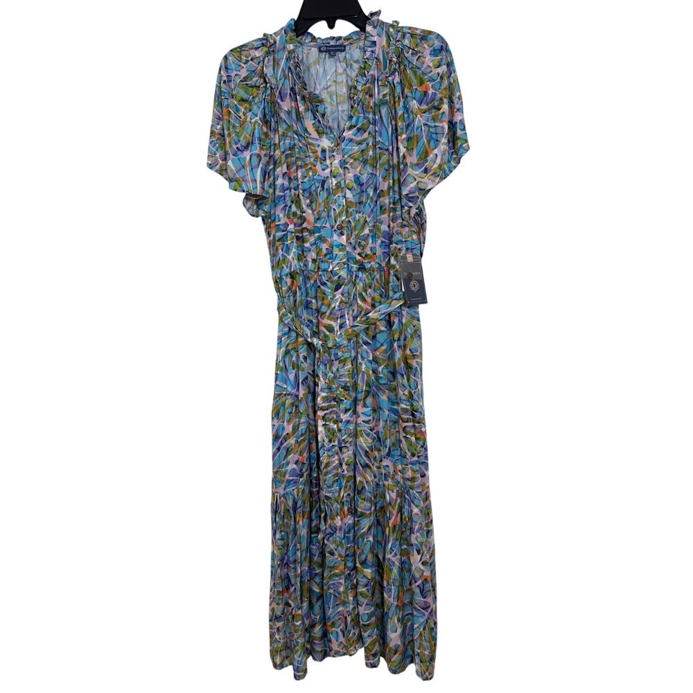 Democracy Medium Woven Floral 3/4 Blouson Sleeve Pockets Tiered Midi Shirt Dress